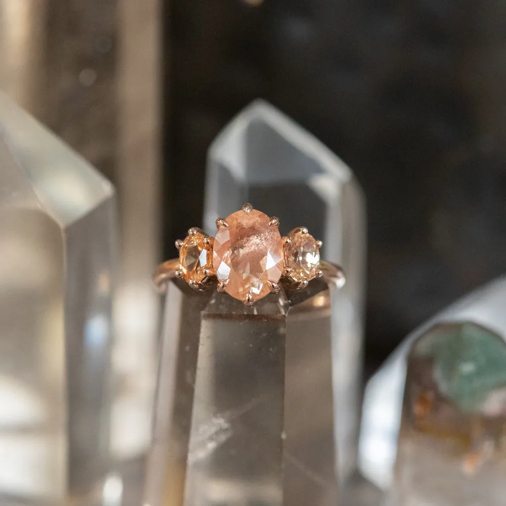 1.45ct Oval Sunstone Three Stone Antique Low Profile Ring in 14k Rose Gold