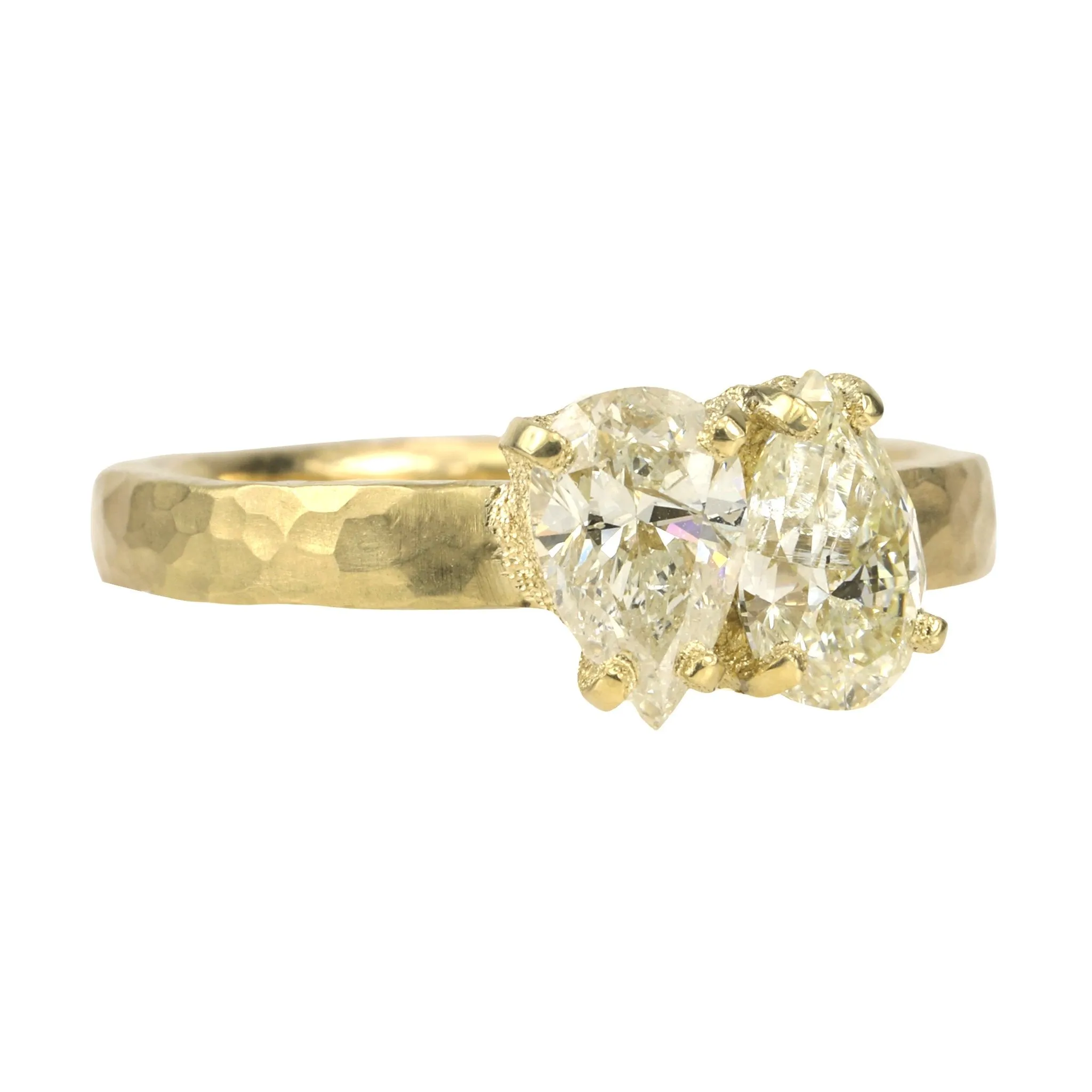 18 Karat Yellow Gold Hammered Band with Two Pear Shaped Diamonds