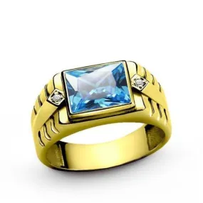 18K Solid Yellow Fine Gold Mens Ring with Blue Topaz and DIAMOND Accents