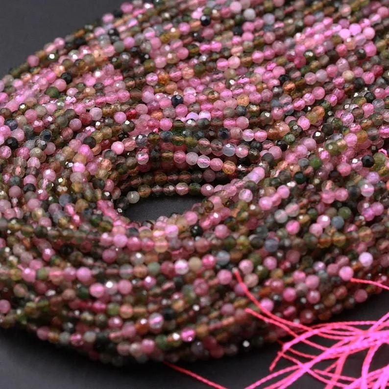 AAA Grade Micro Faceted Natural Multicolor Tourmaline 2mm 3mm Faceted Round Beads Real Genuine Pink Green Tourmaline 16" Strand