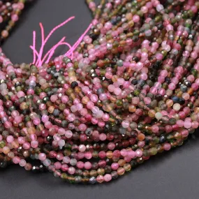 AAA Grade Micro Faceted Natural Multicolor Tourmaline 2mm 3mm Faceted Round Beads Real Genuine Pink Green Tourmaline 16" Strand