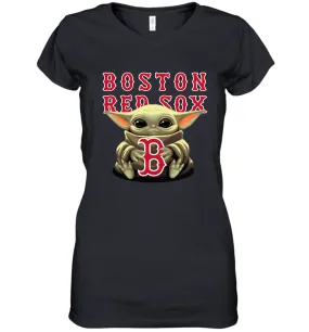 Baby Yoda Hugs Loves The Boston Red Sox Baseball Womens V-Neck T-Shirt