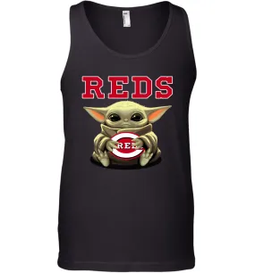 Baby Yoda Hugs Loves The Cincinnati Reds Baseball Mens Tank Top