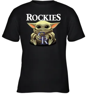 Baby Yoda Hugs Loves The Colorado Rockies Baseball Youth T-Shirt