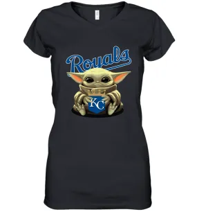 Baby Yoda Hugs Loves The Kansas City Royals Baseball Womens V-Neck T-Shirt