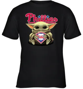 Baby Yoda Hugs Loves The Philadelphia Phillies Baseball Youth T-Shirt