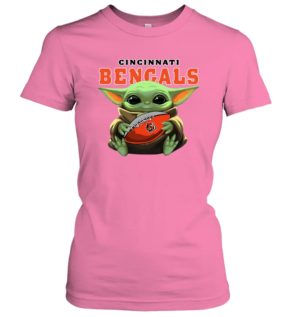 Baby Yoda Loves The Cincinnati Bengals Star Wars Baby Yoda Hugs Bengals NFL Womens T-Shirt