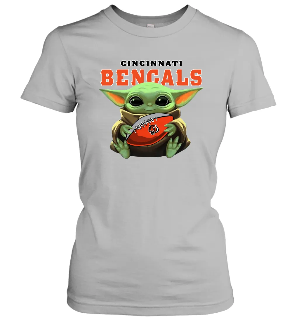 Baby Yoda Loves The Cincinnati Bengals Star Wars Baby Yoda Hugs Bengals NFL Womens T-Shirt