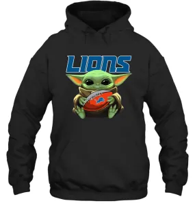 Baby Yoda Loves The Detroit Lions Star Wars Baby Yoda Hugs Lions NFL Adult Hoodie Sweatshirt