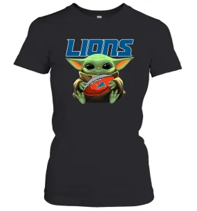 Baby Yoda Loves The Detroit Lions Star Wars Baby Yoda Hugs Lions NFL Womens T-Shirt