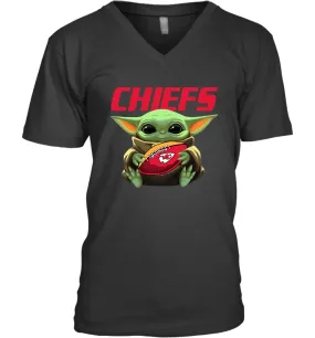 Baby Yoda Loves The Kansas City Chiefs Star Wars Baby Yoda Hugs Chiefs NFL Mens V-Neck T-Shirt