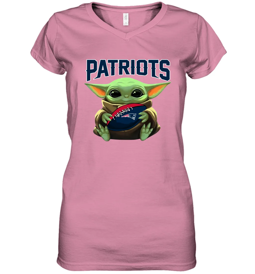 Baby Yoda Loves The New England Patriots Star Wars Baby Yoda Hugs Patriots NFL Womens V-Neck T-Shirt