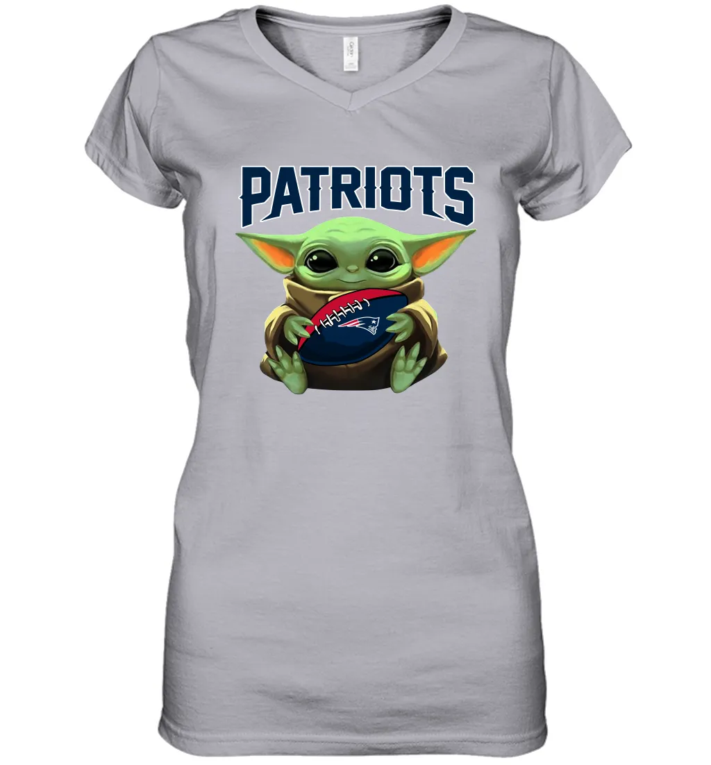 Baby Yoda Loves The New England Patriots Star Wars Baby Yoda Hugs Patriots NFL Womens V-Neck T-Shirt