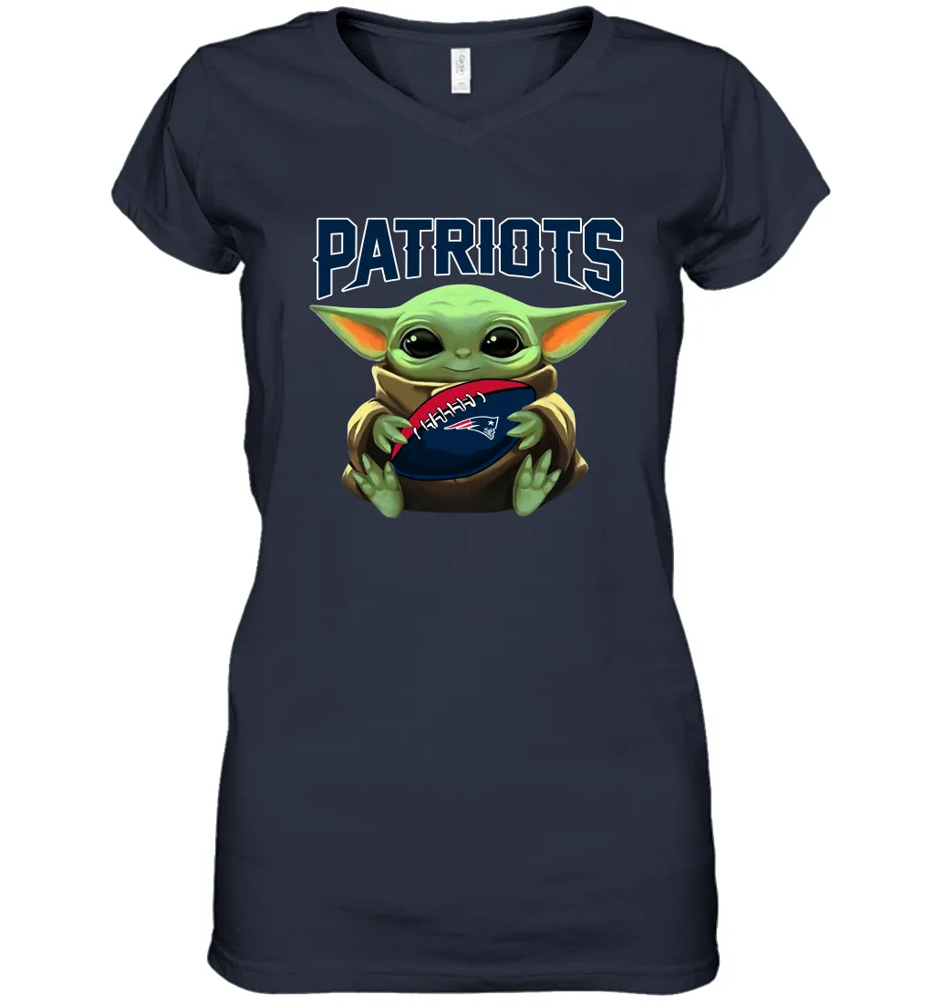 Baby Yoda Loves The New England Patriots Star Wars Baby Yoda Hugs Patriots NFL Womens V-Neck T-Shirt