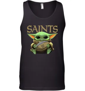 Baby Yoda Loves The New Orleans Saints Star Wars Baby Yoda Hugs Saints NFL Mens Tank Top