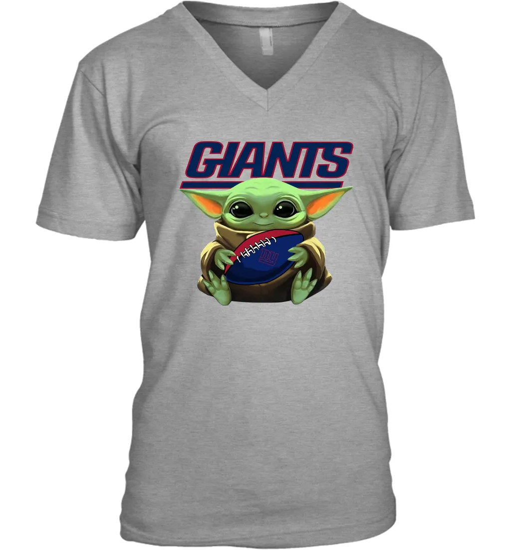 Baby Yoda Loves The New York Giants Star Wars Baby Yoda Hugs Giants NFL Mens V-Neck T-Shirt