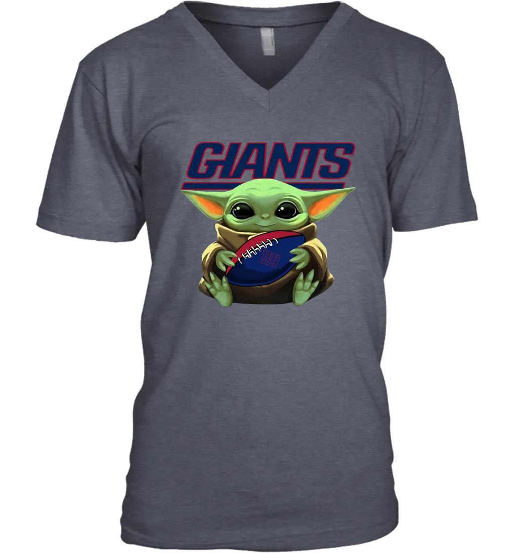 Baby Yoda Loves The New York Giants Star Wars Baby Yoda Hugs Giants NFL Mens V-Neck T-Shirt