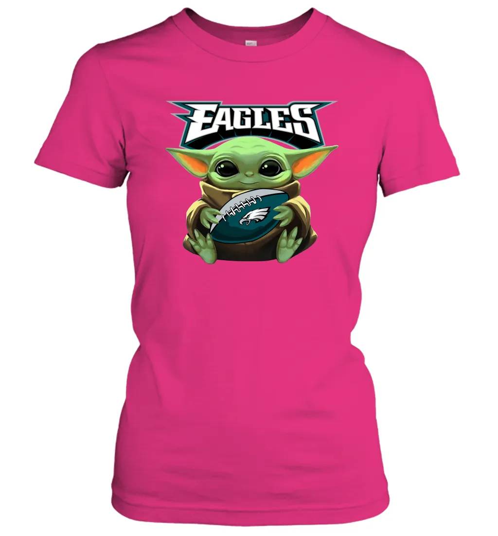 Baby Yoda Loves The Philadelphia Eagles Star Wars Baby Yoda Hugs Eagles NFL Womens T-Shirt