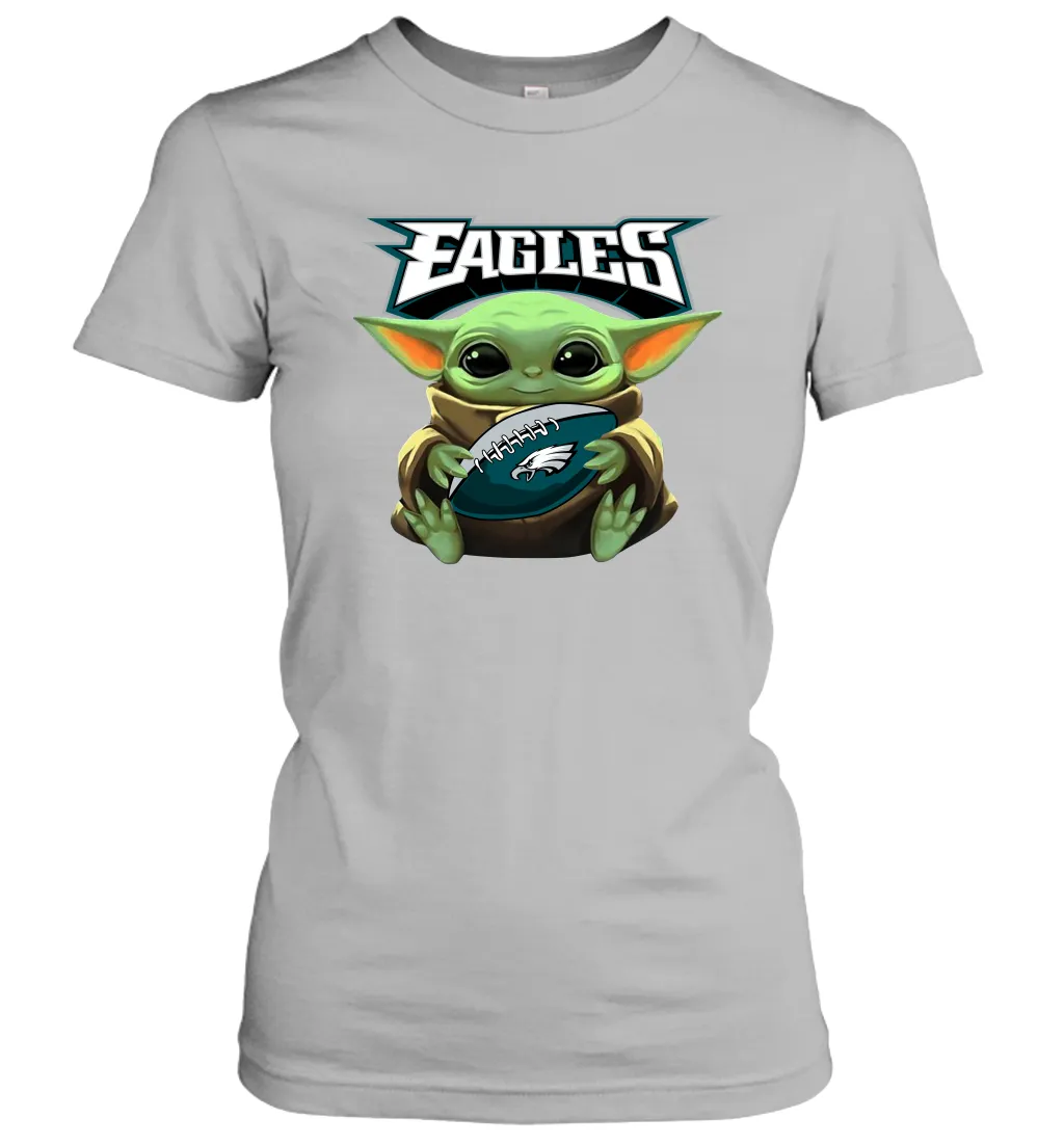 Baby Yoda Loves The Philadelphia Eagles Star Wars Baby Yoda Hugs Eagles NFL Womens T-Shirt