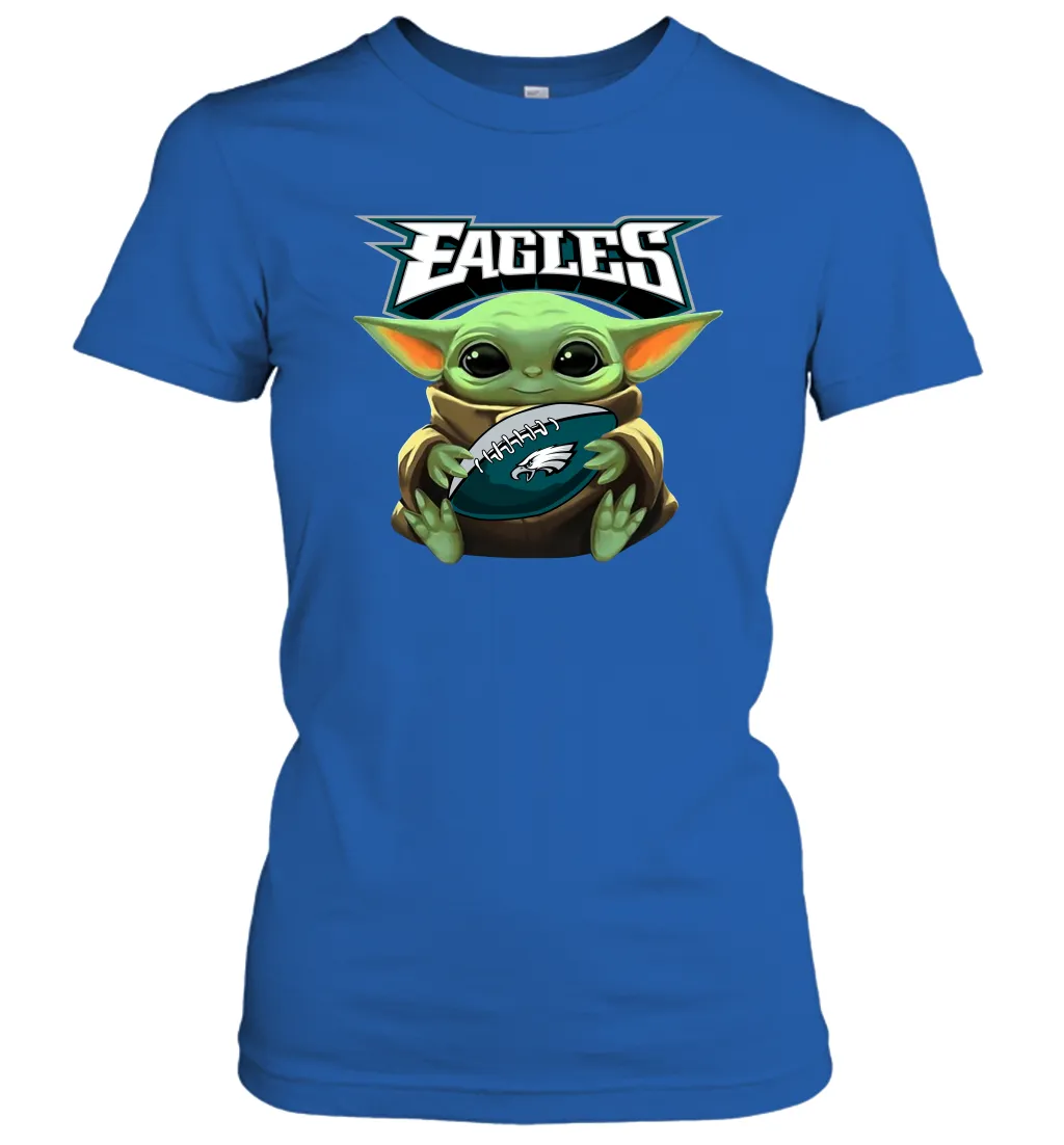 Baby Yoda Loves The Philadelphia Eagles Star Wars Baby Yoda Hugs Eagles NFL Womens T-Shirt