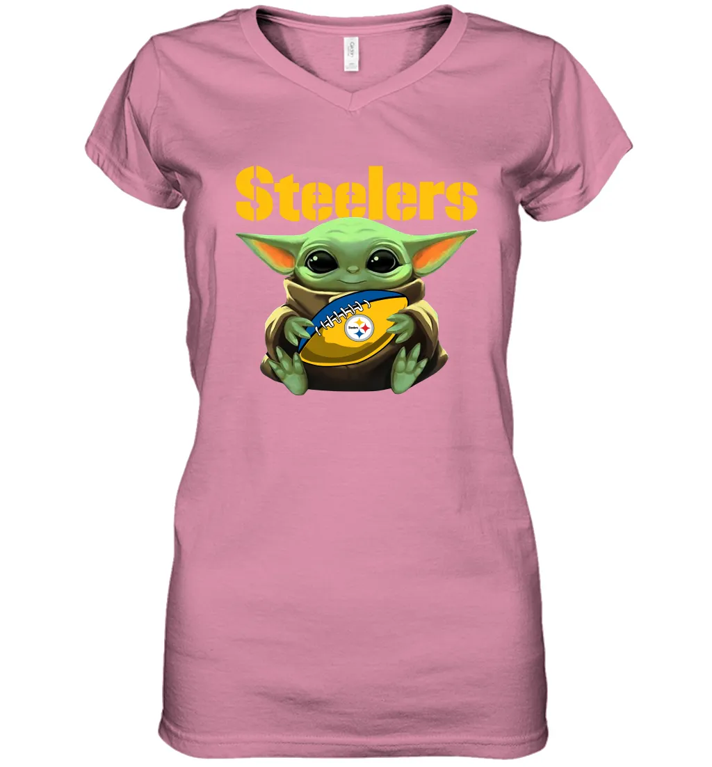 Baby Yoda Loves The Pittsburgh Steelers Star Wars Baby Yoda Hugs Steelers NFL Womens V-Neck T-Shirt