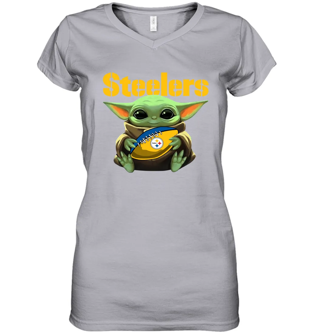 Baby Yoda Loves The Pittsburgh Steelers Star Wars Baby Yoda Hugs Steelers NFL Womens V-Neck T-Shirt