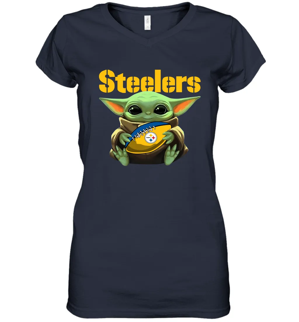 Baby Yoda Loves The Pittsburgh Steelers Star Wars Baby Yoda Hugs Steelers NFL Womens V-Neck T-Shirt