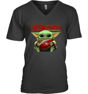 Baby Yoda Loves The San Francisco 49ers Star Wars Baby Yoda Hugs 49ers NFL Mens V-Neck T-Shirt