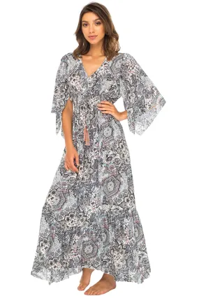 Back From Bali Womens Long Maxi Dress Boho Print Summer Sundress Deep V Neck Long Sleeves