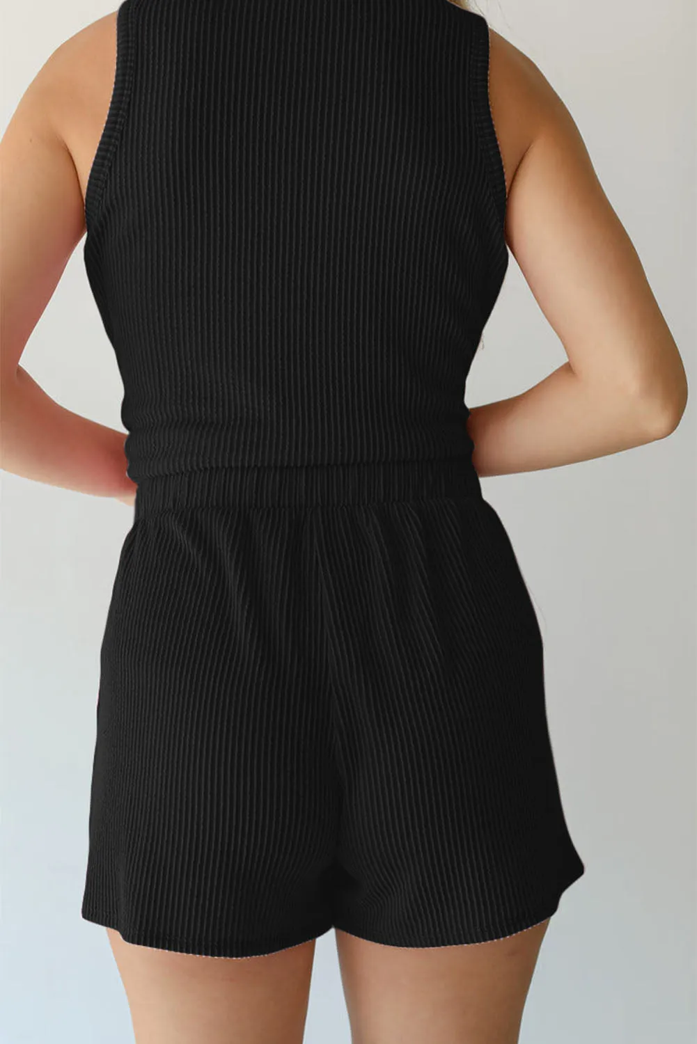 Black Corded Sleeveless Top and Pocketed Shorts Set