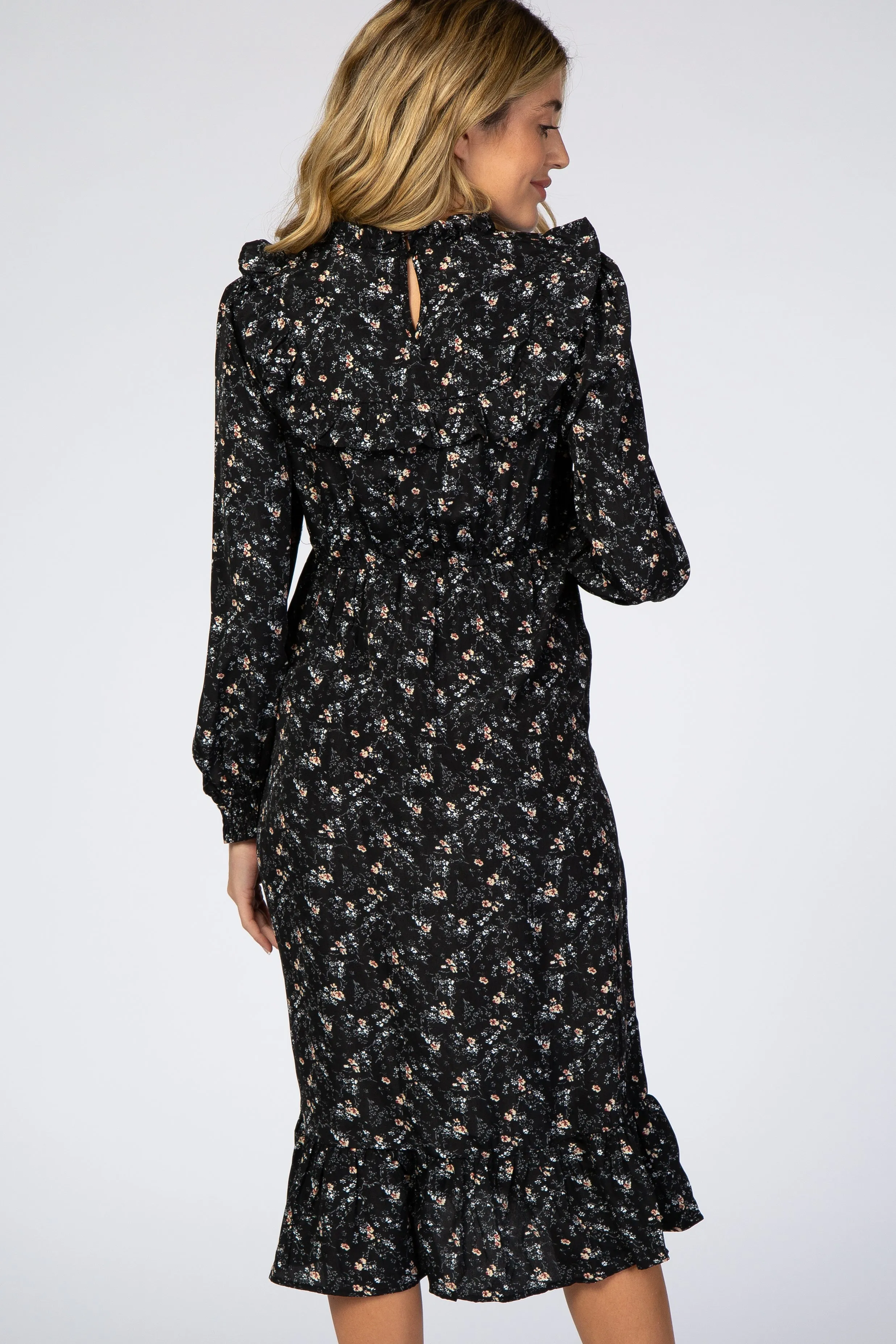 Black Floral Ruffle Long Sleeve Maternity Midi Dress