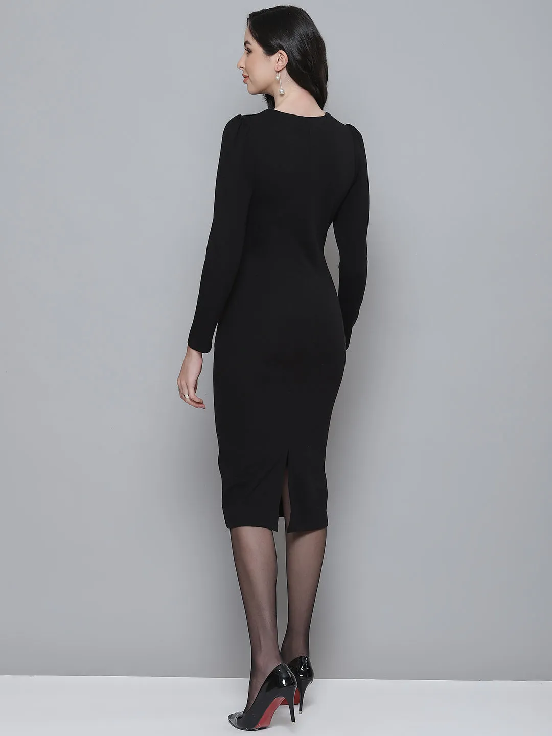 Black Rib Puff Sleeves Square Neck Bodycon Dress