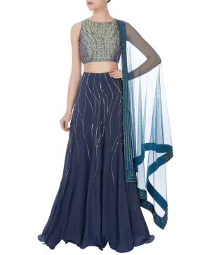 Blue Color Lehenga With Brocade Top And Net Dupatta - RENT