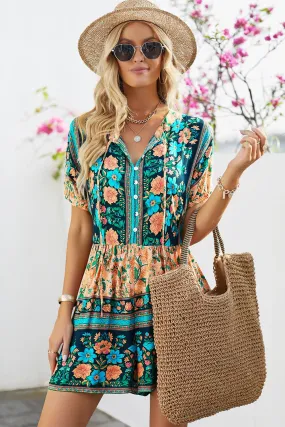 Boho Blumen Mehrfarbig Tie-Neck Strampler Strampler Kleid Playsuit Kurzer Strampler für Frauen