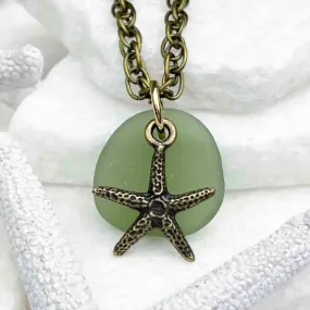 Champagne Green Sea Glass Gumdrop Pendant with a Bronze Starfish Charm | #5125