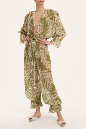 Classic Foliage V Neck Ruffled Jumpsuit