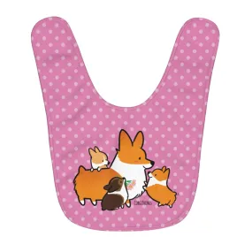 Corgi Mom & Puppies Fleece Baby Bib | Pink Polka Dots