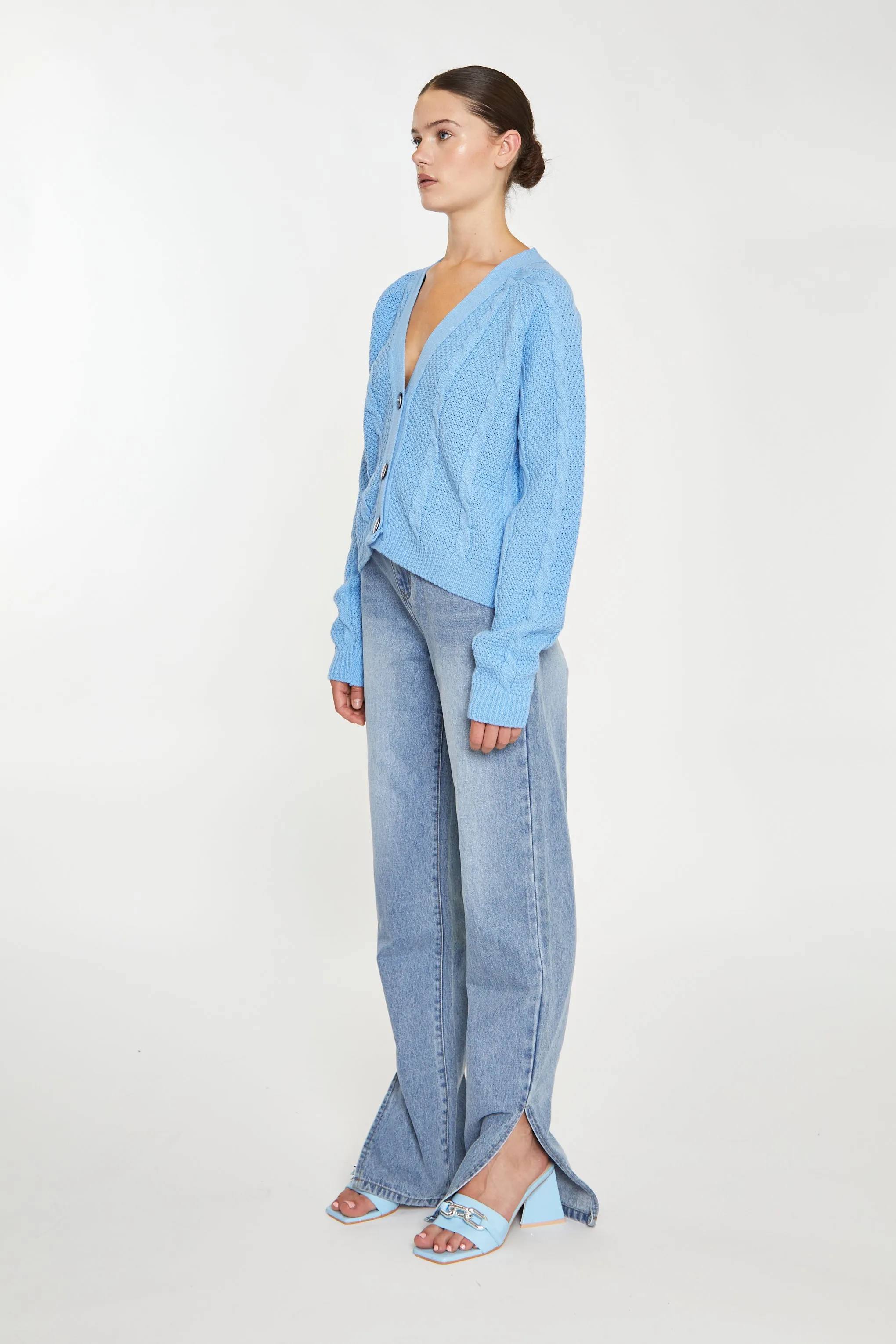 Cornflower Blue Button Down Cable Knit Cardigan