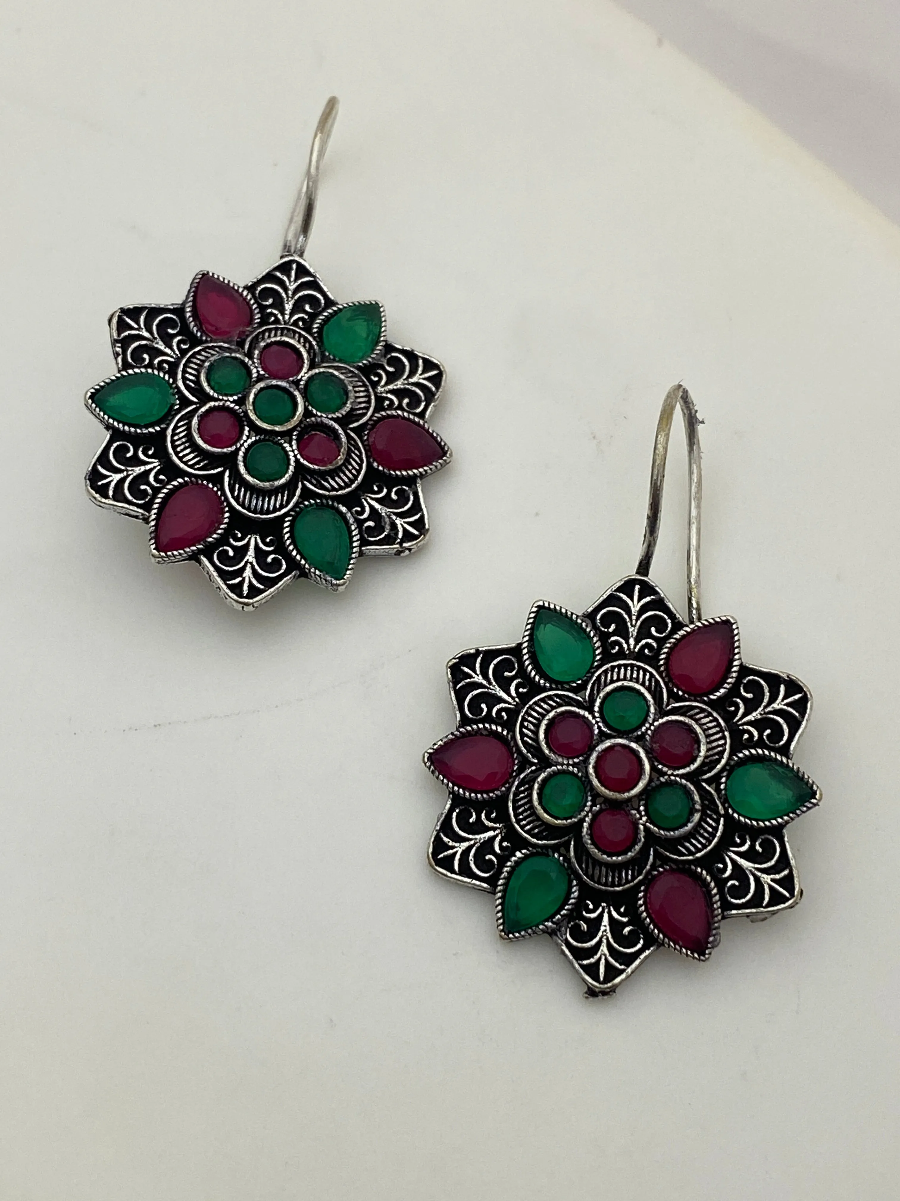 Dazzling Red And Green Color Rounded Floral Designer Oxidized Earrings