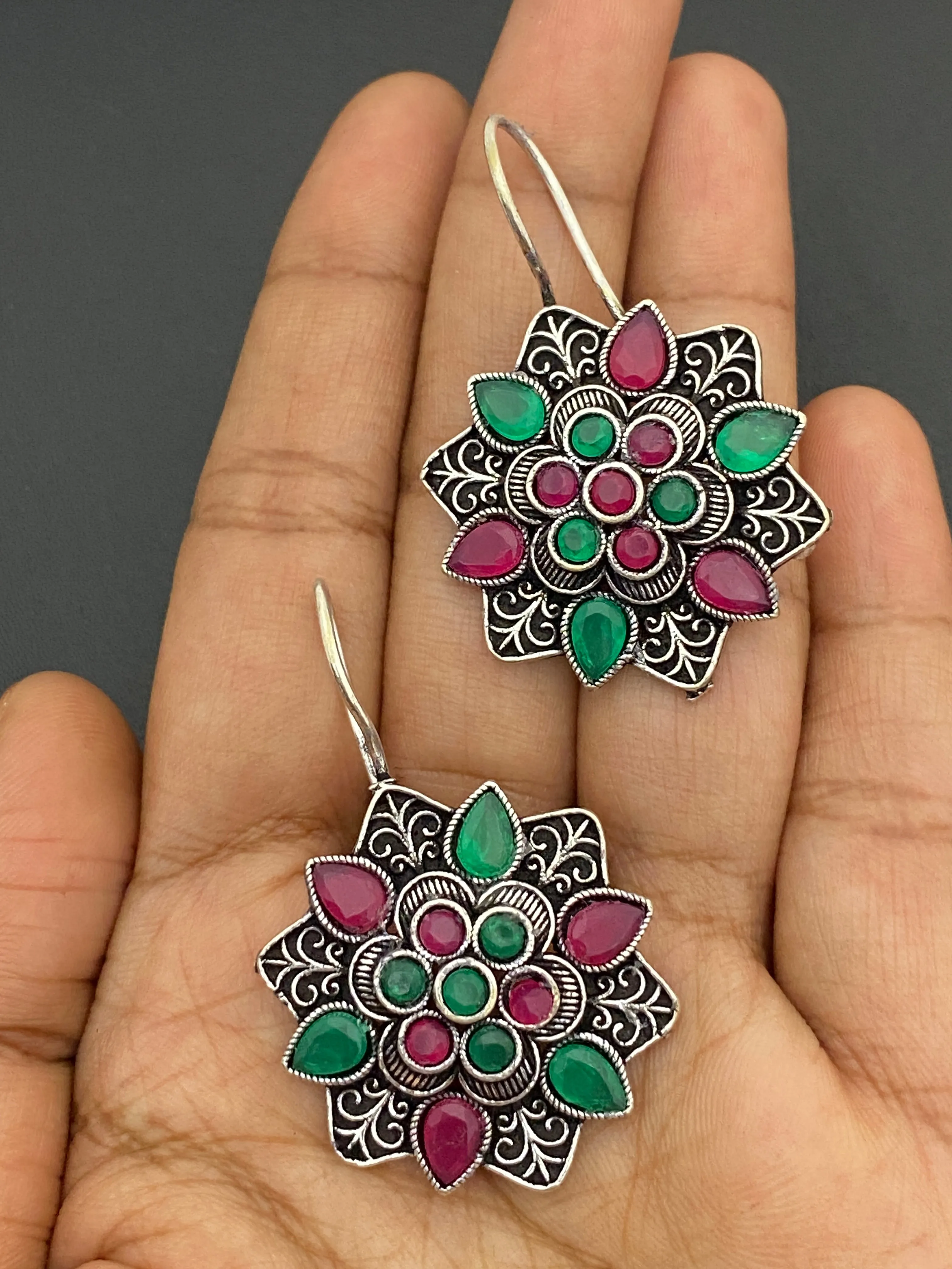 Dazzling Red And Green Color Rounded Floral Designer Oxidized Earrings