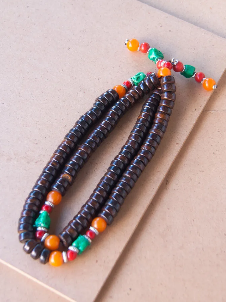 Disc shaped RoseWood Mala bead with stone tassels