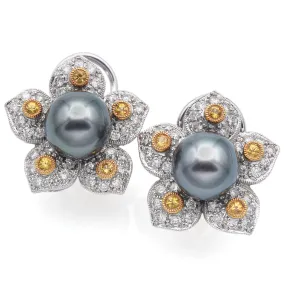 Estate 18K White Gold Pearl, Yellow Sapphire & 1.05 TCW Diamond Floral Earrings