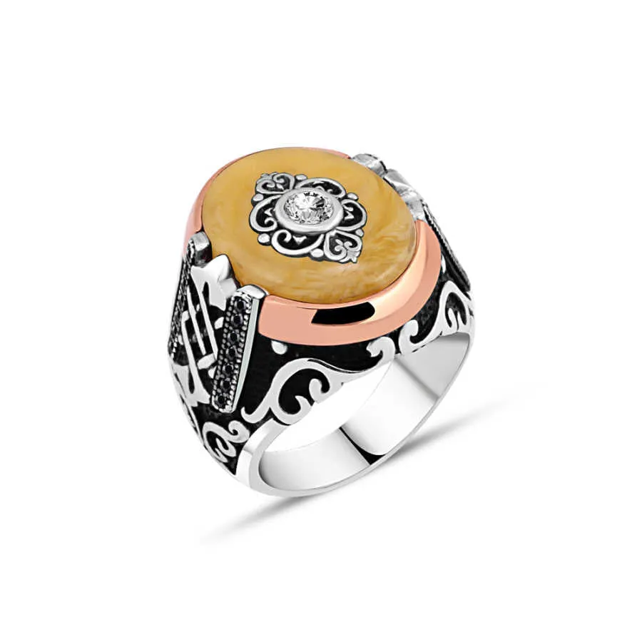 Eye Figure on Yellow Ellipse Synthetic Amber Stone Silver Men's Ring Siding Braid Pattern Pattern and Zircons