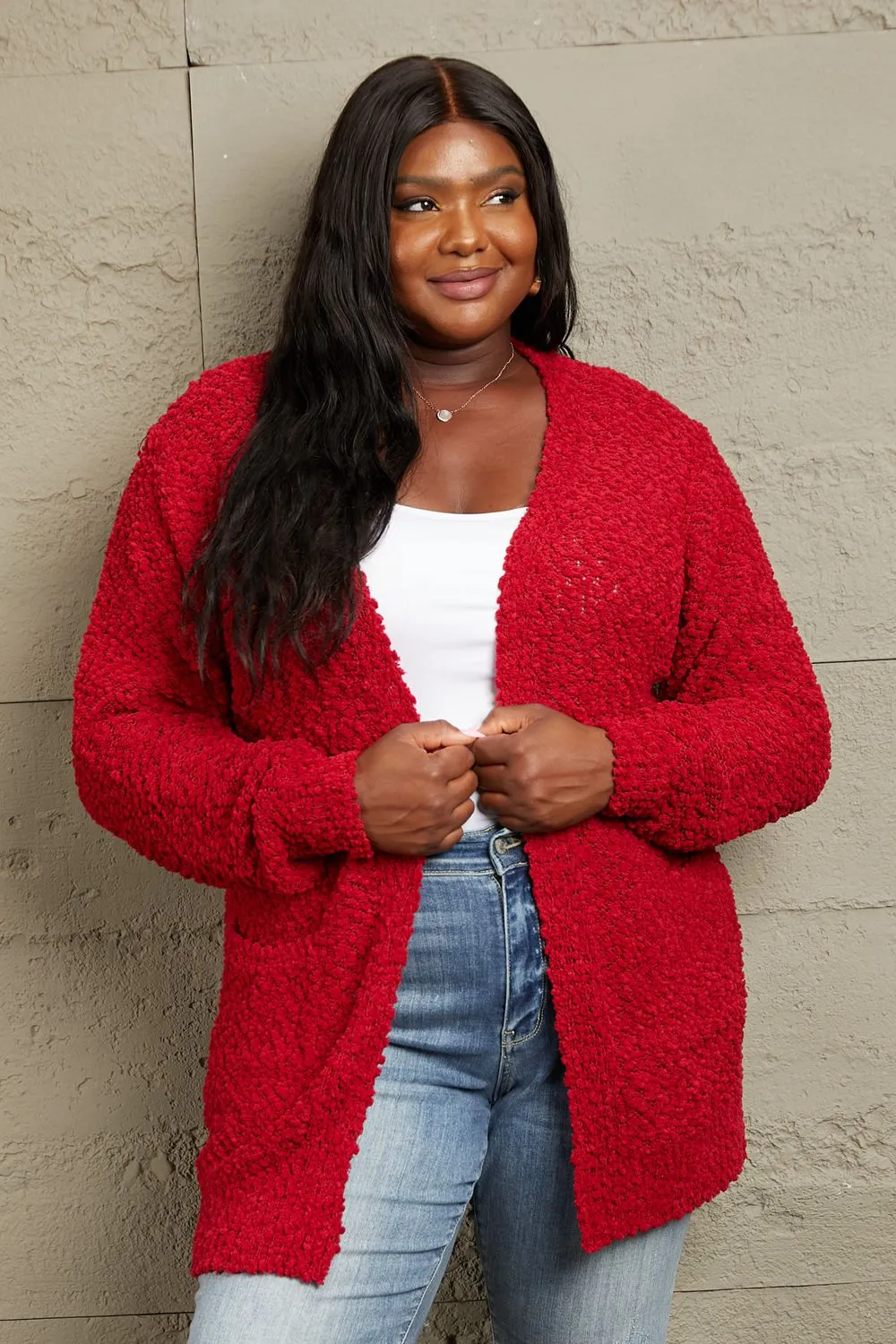 Falling For You Open Front Popcorn Cardigan in Red