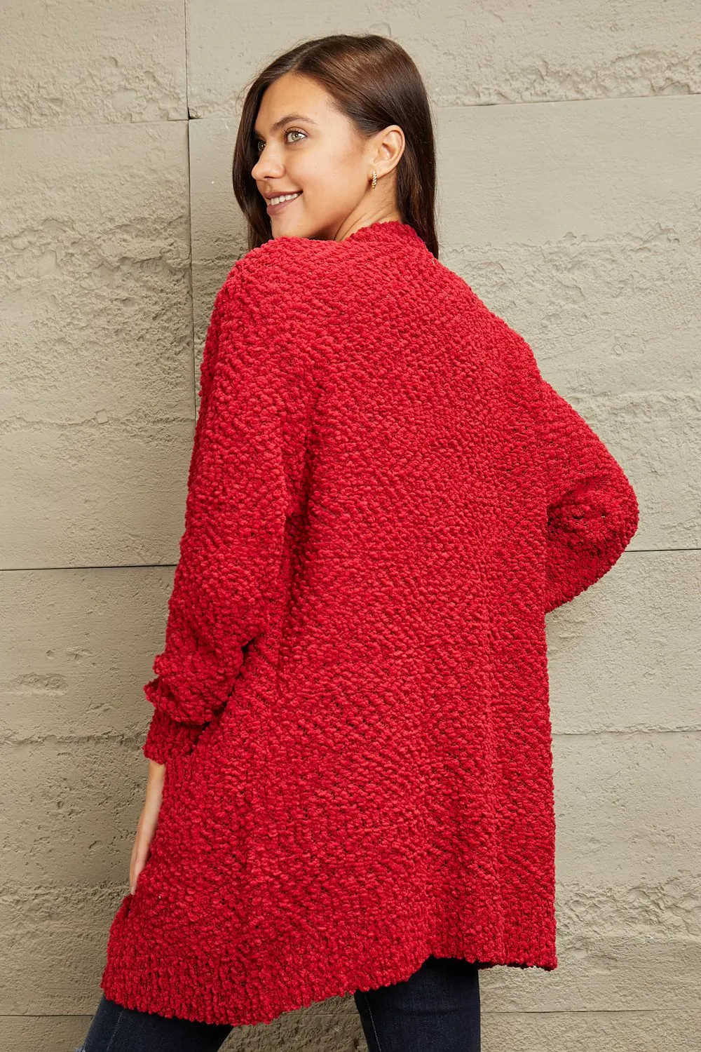 Falling For You Open Front Popcorn Cardigan in Red