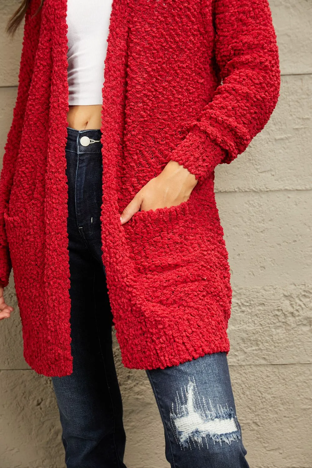 Falling For You Open Front Popcorn Cardigan in Red