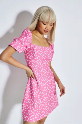 Glamorous Candy Pink Flower Square Neck Mini Dress