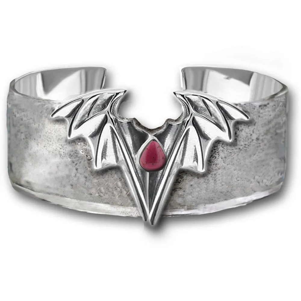 Gothic Bat Wide Cuff Bangle - Red Garnet Teardrop, Handmade Solid Silver