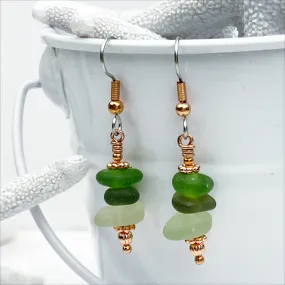 Green Champagne Sea Glass and Copper Earrings | # 5069