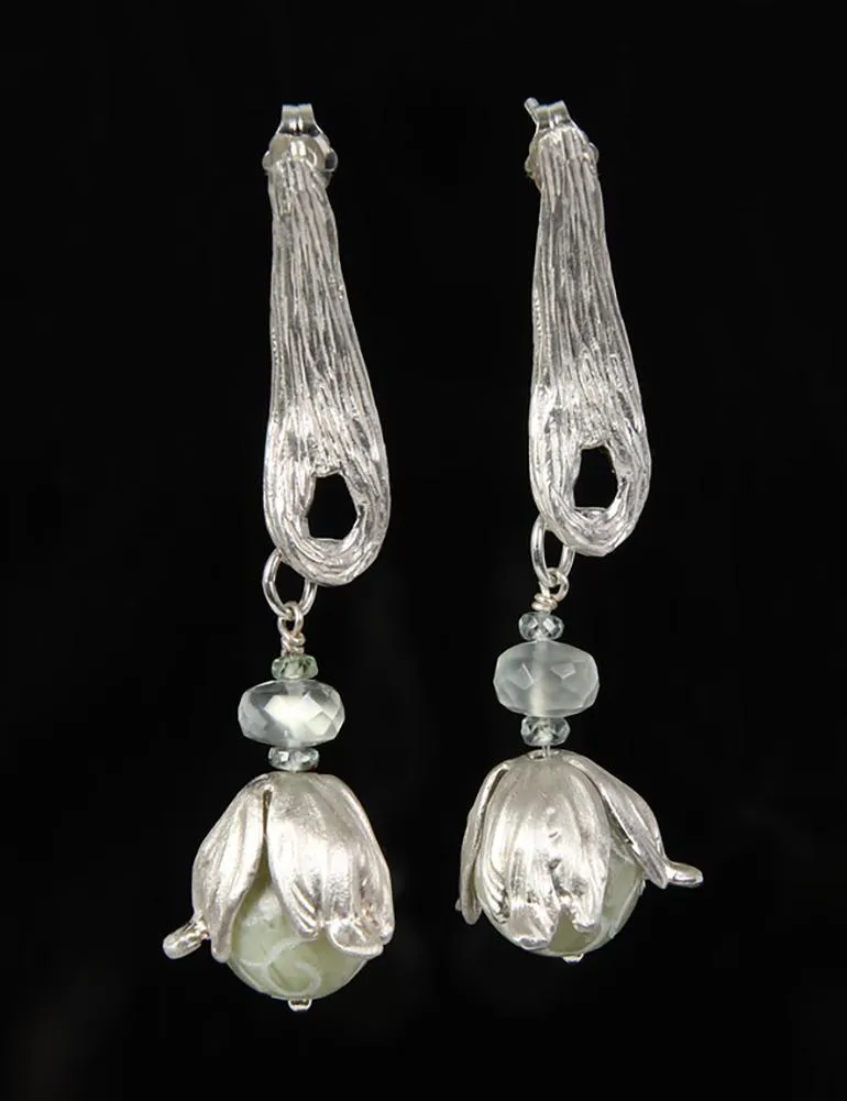 Jade, Ceylon Moonstone, Champagne Zircon, and Silver Earring